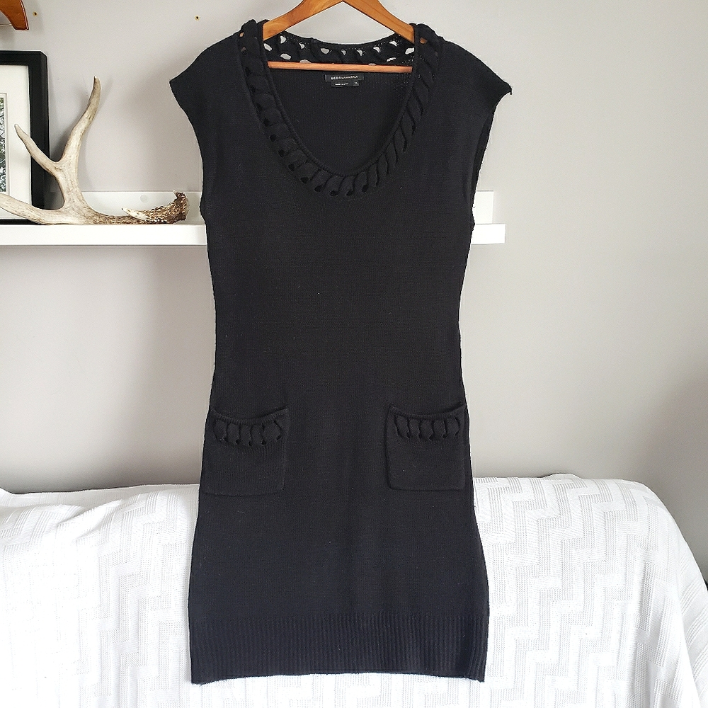 BCBG Black Knit Tunic Sweater Dress With Pockets Size XS